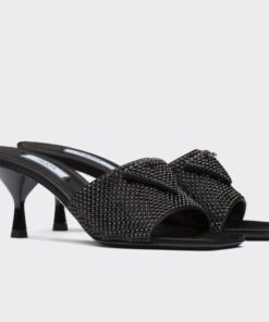 Replica Prada Black Satin Heeled Sandals with Crystals