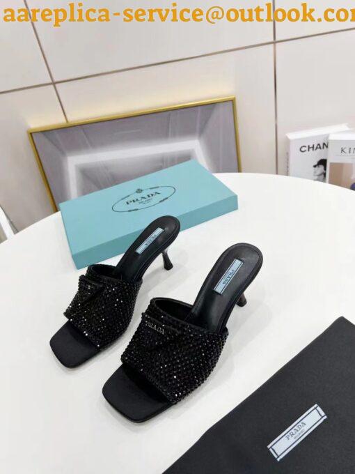 Replica Prada Black Satin Heeled Sandals with Crystals 6