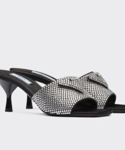 Replica Prada Black Satin Heeled Sandals with White Crystals