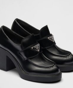 Replica Prada Chocolate High-heeled Loafers In Black Brushed Leather