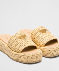 Replica Prada Crochet Flatform Slides in Beige Raffia-effect Yarn