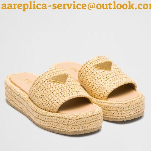 Replica Prada Crochet Flatform Slides in Beige Raffia-effect Yarn