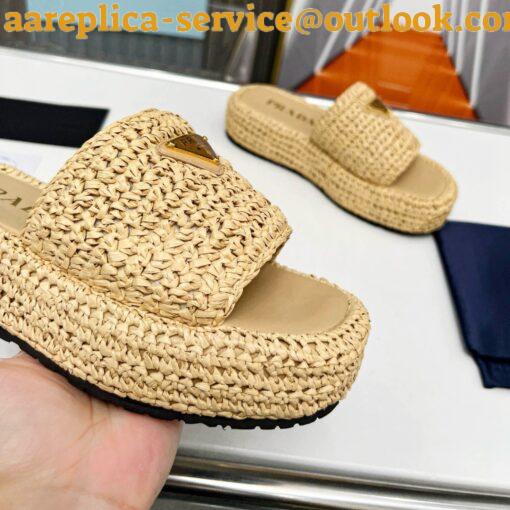 Replica Prada Crochet Flatform Slides in Beige Raffia-effect Yarn 6