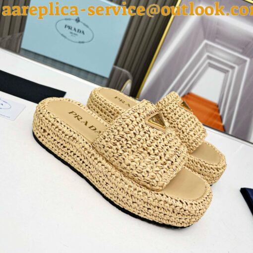 Replica Prada Crochet Flatform Slides in Beige Raffia-effect Yarn 8