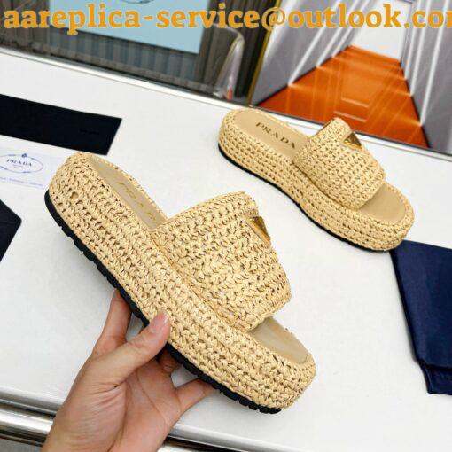 Replica Prada Crochet Flatform Slides in Beige Raffia-effect Yarn 9