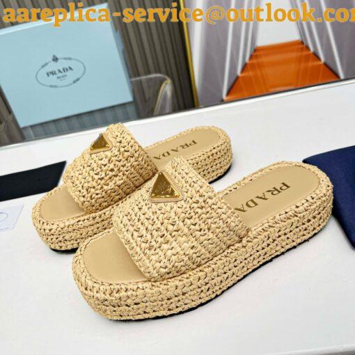 Replica Prada Crochet Flatform Slides in Beige Raffia-effect Yarn 10