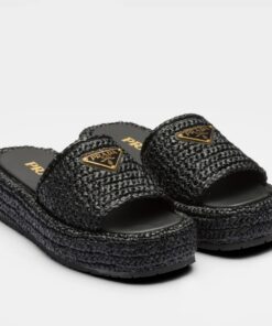 Replica Prada Crochet Flatform Slides in Black Raffia-effect Yarn