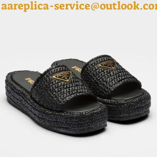 Replica Prada Crochet Flatform Slides in Black Raffia-effect Yarn