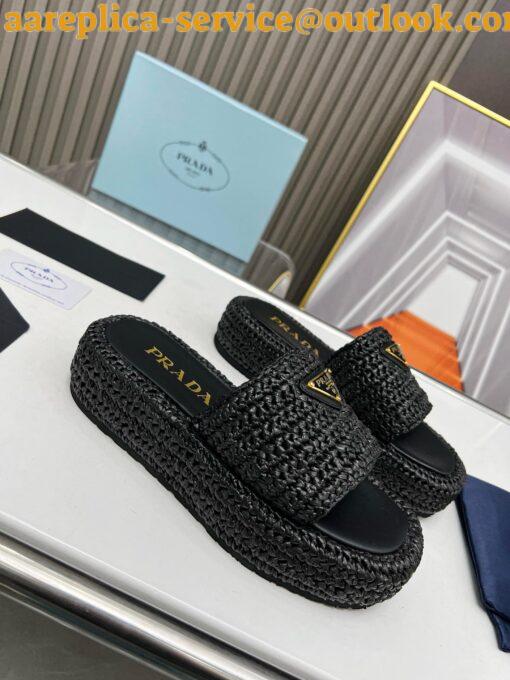 Replica Prada Crochet Flatform Slides in Black Raffia-effect Yarn 4