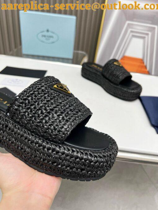 Replica Prada Crochet Flatform Slides in Black Raffia-effect Yarn 5