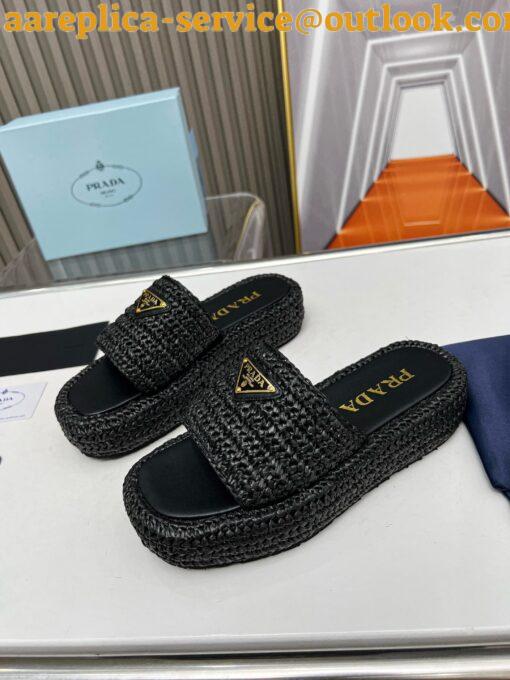 Replica Prada Crochet Flatform Slides in Black Raffia-effect Yarn 7