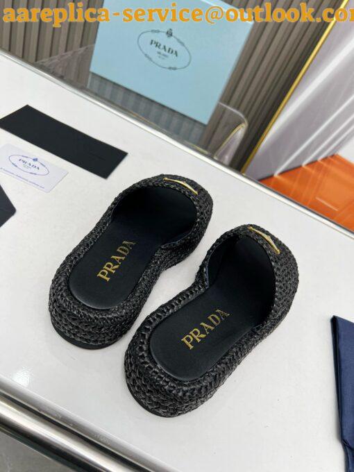 Replica Prada Crochet Flatform Slides in Black Raffia-effect Yarn 8