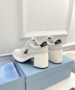 Replica Prada Downtown High-heeled Sneakers In White Leather