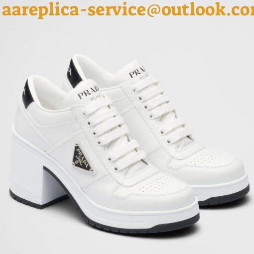 Replica Prada Downtown High-heeled Sneakers In White Leather 4