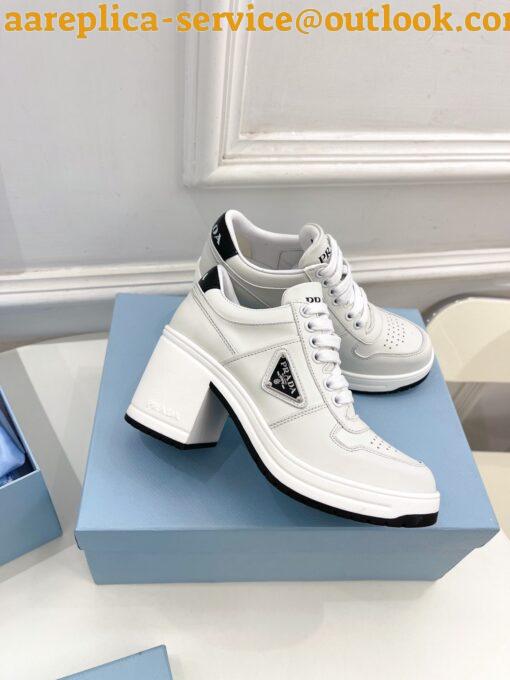 Replica Prada Downtown High-heeled Sneakers In White Leather 5