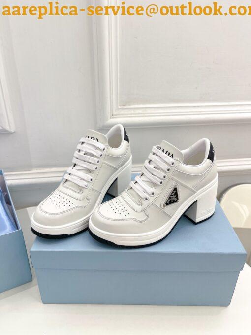 Replica Prada Downtown High-heeled Sneakers In White Leather 7