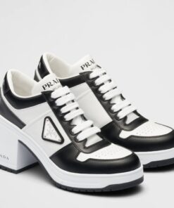 Replica Prada Downtown High-heeled Sneakers in Black and White Leather