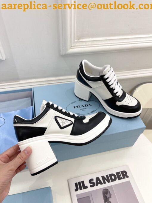 Replica Prada Downtown High-heeled Sneakers in Black and White Leather 4