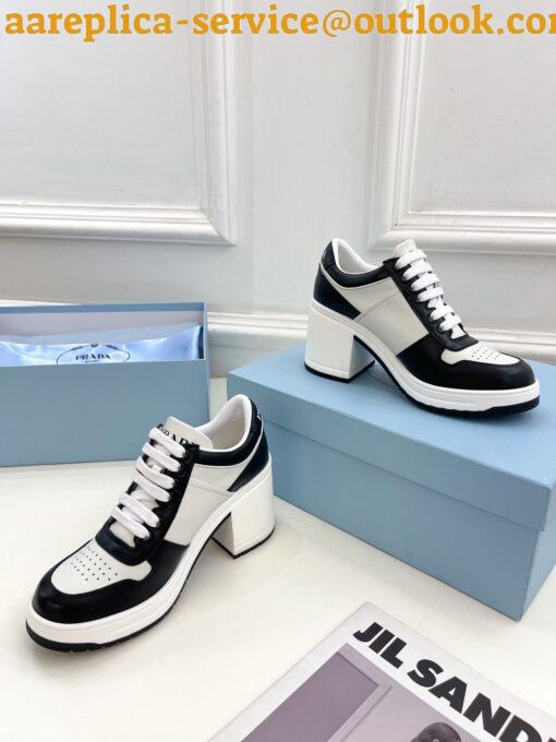 Replica Prada Downtown High-heeled Sneakers in Black and White Leather 5