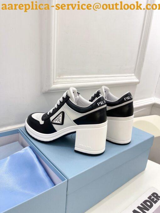 Replica Prada Downtown High-heeled Sneakers in Black and White Leather 6