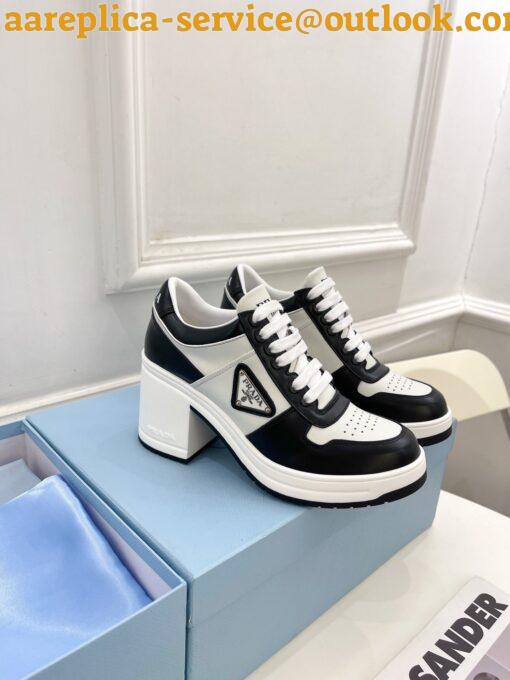 Replica Prada Downtown High-heeled Sneakers in Black and White Leather 7