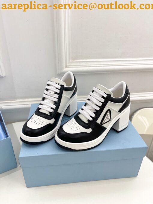 Replica Prada Downtown High-heeled Sneakers in Black and White Leather 8