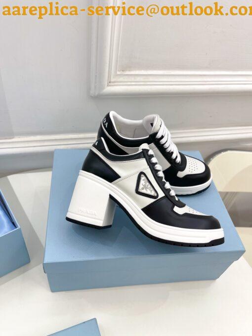 Replica Prada Downtown High-heeled Sneakers in Black and White Leather 9