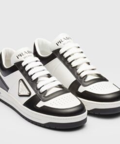 Replica Prada Downtown Sneakers in White and Black Calfskin