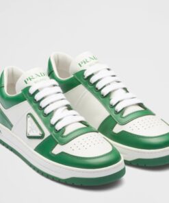 Replica Prada Downtown Sneakers in White and Green Calfskin