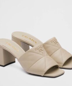 Replica Prada Heeled Slide Sandals 65mm In Beige Nappa Leather