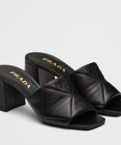 Replica Prada Heeled Slide Sandals 65mm In Black Nappa Leather