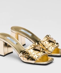 Replica Prada Heeled Slide Sandals 65mm In Gold Metallic Leather