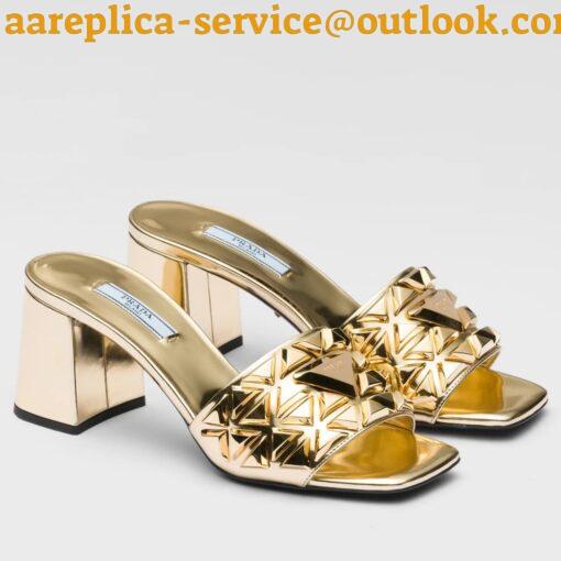 Replica Prada Heeled Slide Sandals 65mm In Gold Metallic Leather