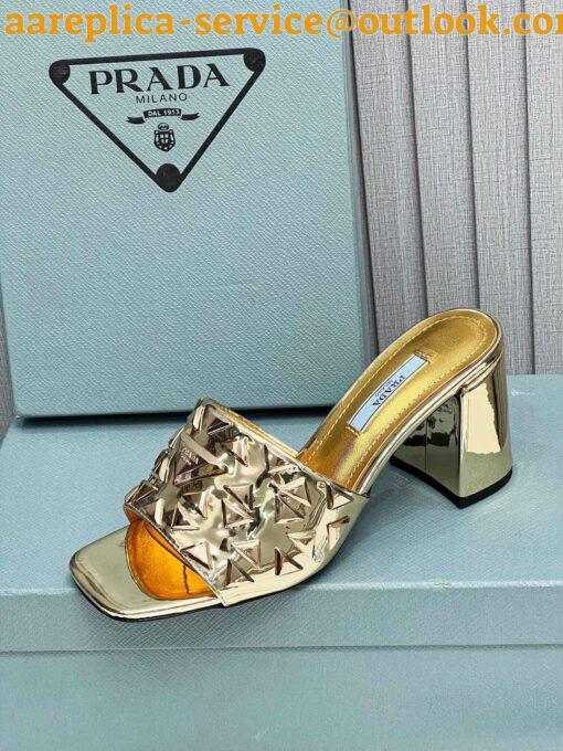 Replica Prada Heeled Slide Sandals 65mm In Gold Metallic Leather 9