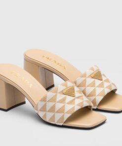 Replica Prada Heeled Slide Sandals 65mm in Beige and White Fabric