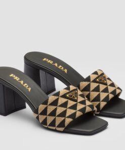 Replica Prada Heeled Slide Sandals 65mm in Black and Beige Fabric