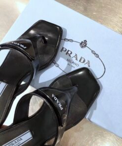 Replica Prada Heeled Thong Sandals In Black Brushed Leather