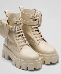 Replica Prada Monolith Boots in Beige Leather and Nylon Fabric