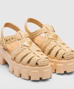 Replica Prada Monolith Crochet Cage Sandals in Beige Raffia Fabric