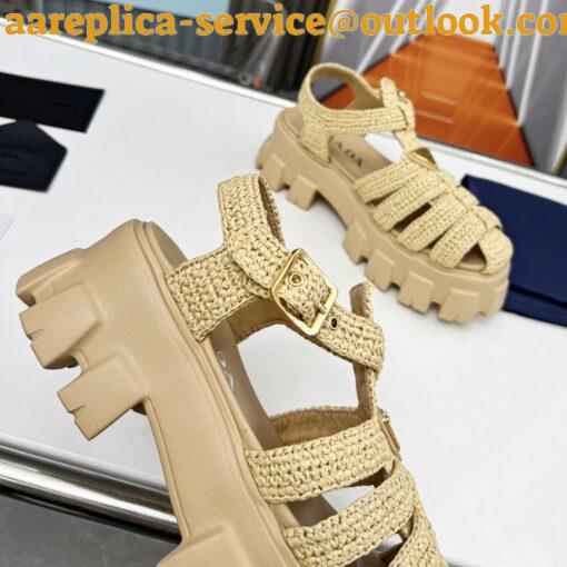 Replica Prada Monolith Crochet Cage Sandals in Beige Raffia Fabric 6