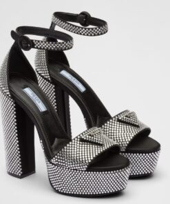 Replica Prada Platform Sandals 135mm in Black Satin with Crystals