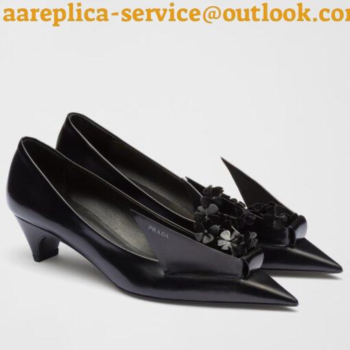 Replica Prada Pumps 45mm in Black Leather with Floral Appliques 2