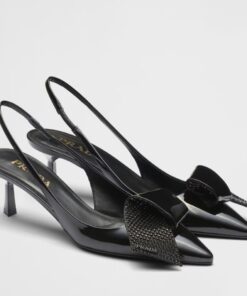 Replica Prada Slingback Pumps 55mm in Black Patent with Crystals Ornament