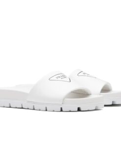 Replica Prada White Leather Slides with Printed Triangle Logo