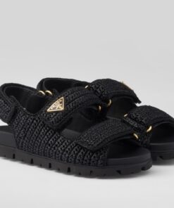 Replica Prada Women’s Crochet Sandals in Black Raffia