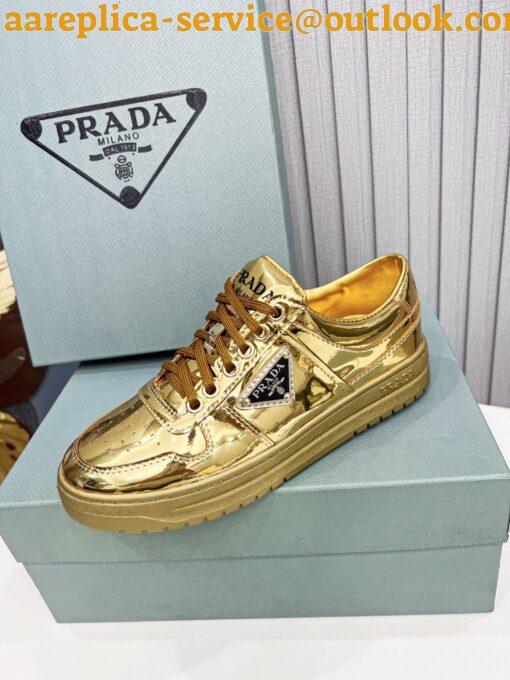 Replica Prada Women’s Downtown Sneakers In Gold Metallic Leather 10