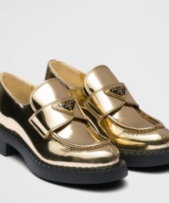 Replica Prada Women’s Loafers In Gold Metallic Leather