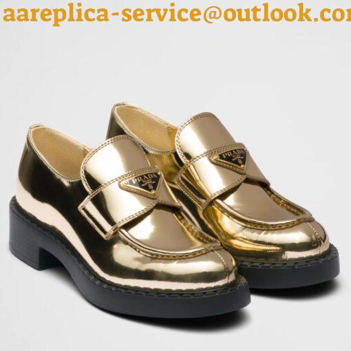 Replica Prada Women’s Loafers In Gold Metallic Leather 2