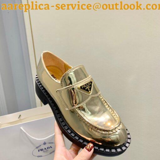 Replica Prada Women’s Loafers In Gold Metallic Leather 3