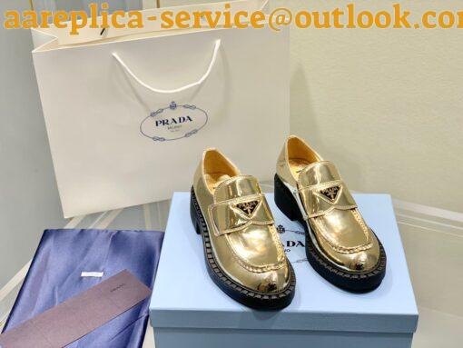 Replica Prada Women’s Loafers In Gold Metallic Leather 4